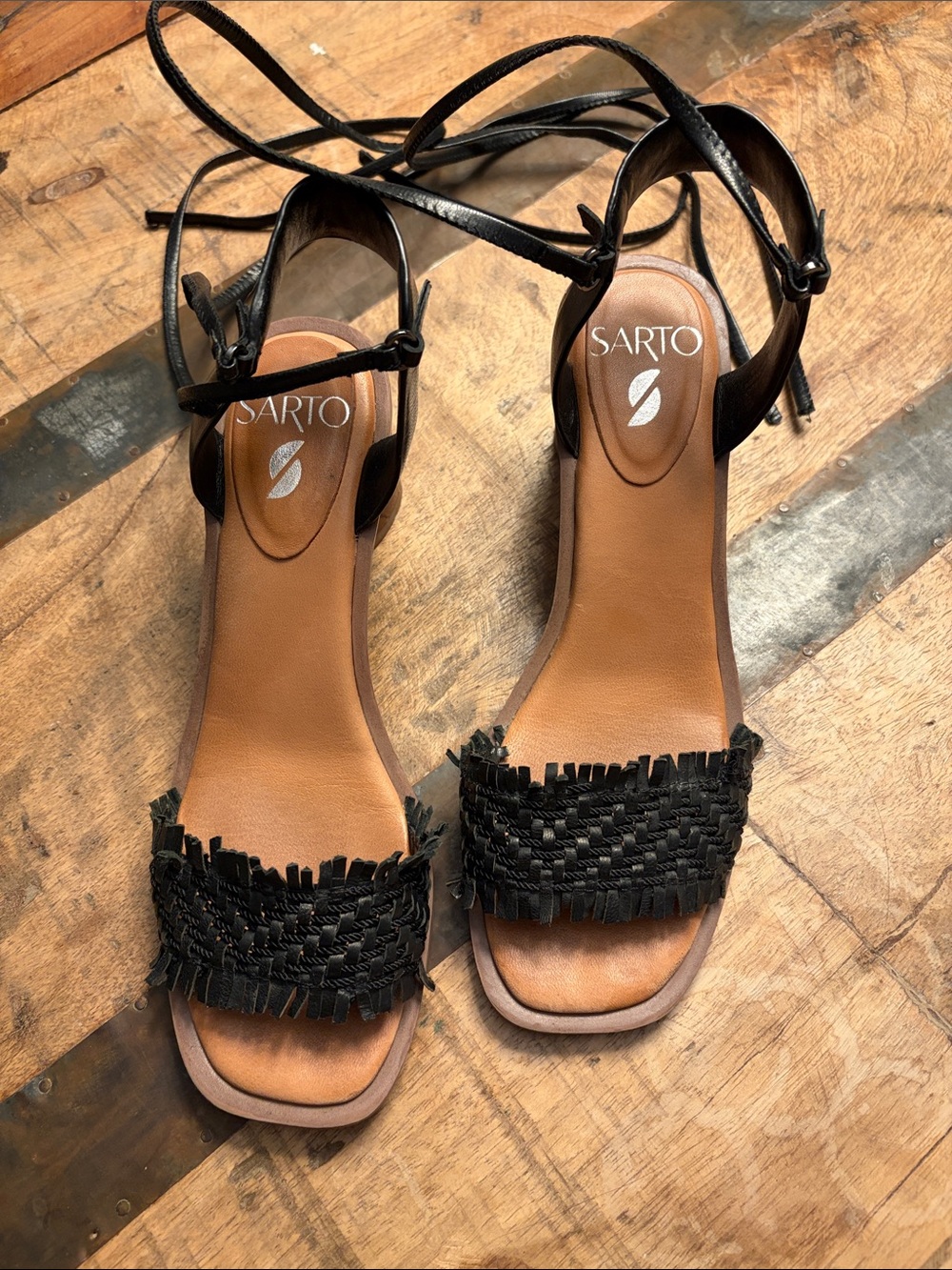 Black Braided Fringe Ankle-Tie Sandals